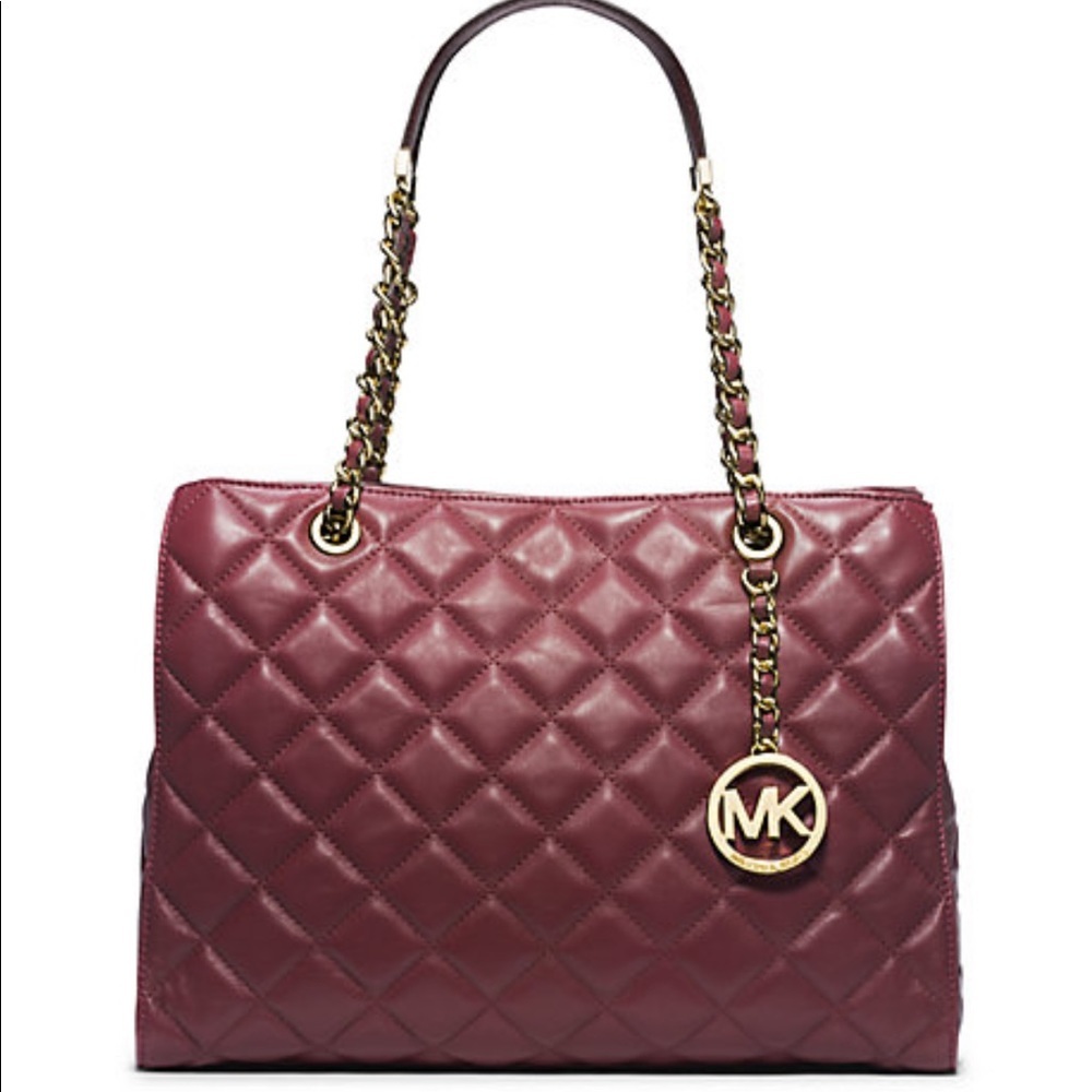 Michael Kors Susannah Large Quilted Leather Tote Shoulder Bag Purse Merlot Red